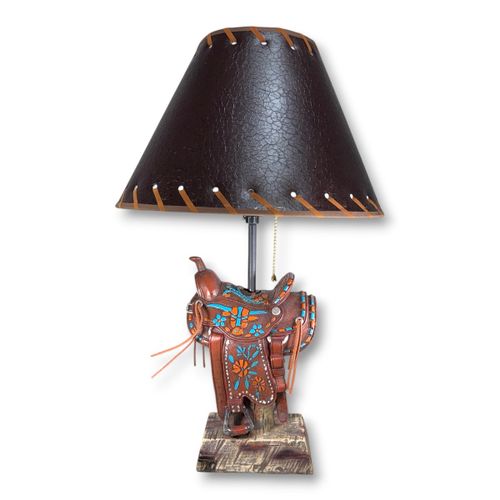 Abajur Decorativo em Resina – Sela Western com Detalhes Turquesa