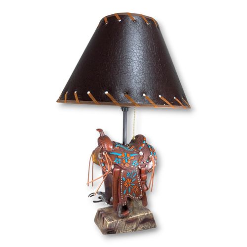 Abajur Decorativo em Resina – Sela Western com Detalhes Turquesa