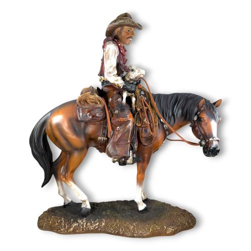 Escultura Cowboy a Cavalo em Resina