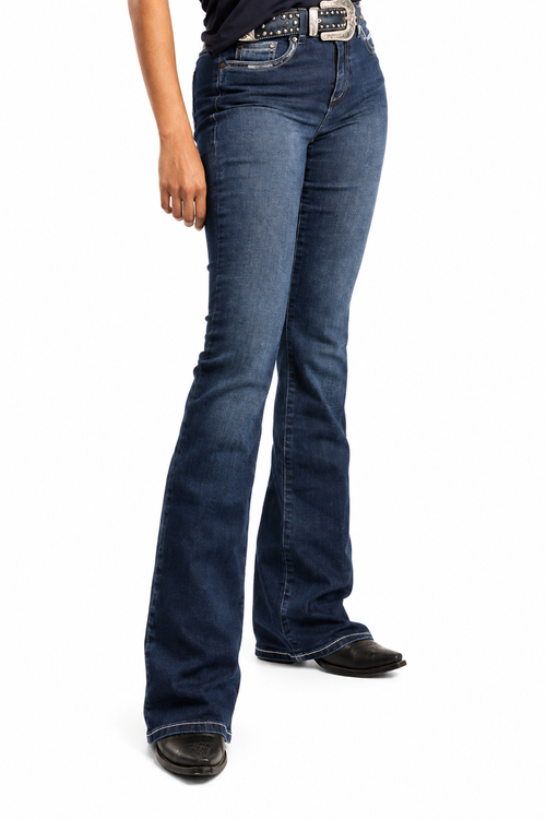 Calça Fem Dark Wash Boot Cut Cint Alta V1 Tassa