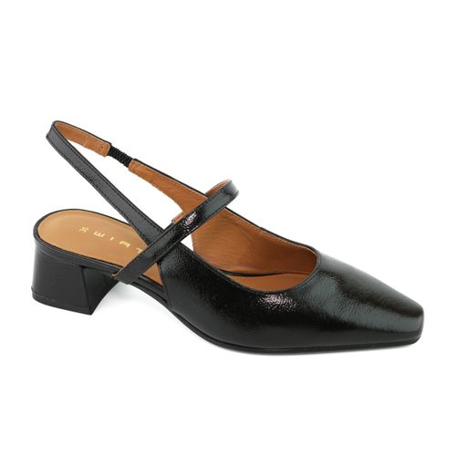 Sapato slingback de couro feminino preto com tira e salto bloco