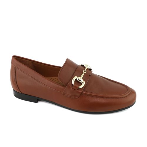 Mocassim de couro feminino marrom dark com enfeite em banho ouro 
