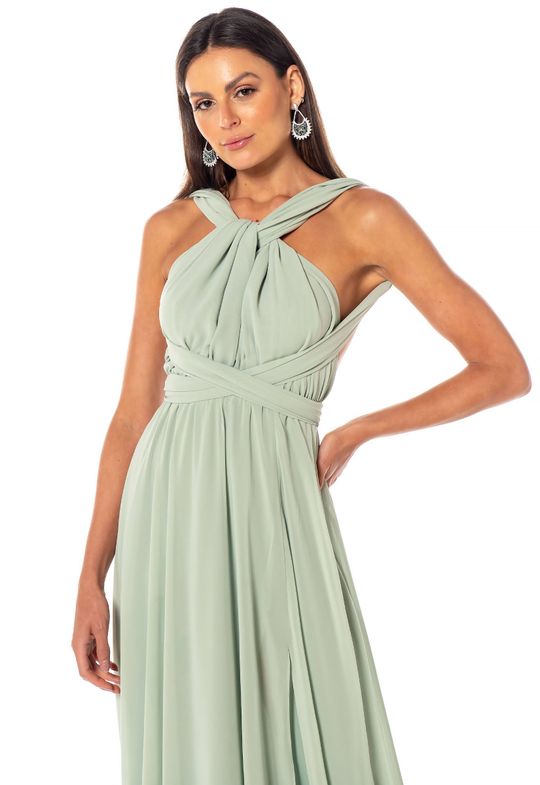 Foto do produto Vestido Longo Verde Chá Multiformas Chifon 