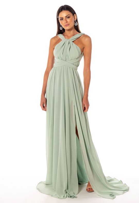 Foto do produto Vestido Longo Verde Chá Multiformas Chifon 