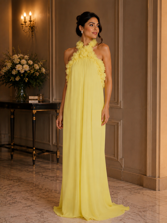 Vestido Frente Única Solto com Borda de Flores Amarelo