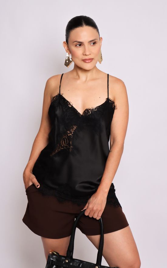 Blusa Cetim com Renda Preto