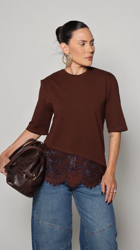 Blusa T-Shirt Renda Olivia - Marrom