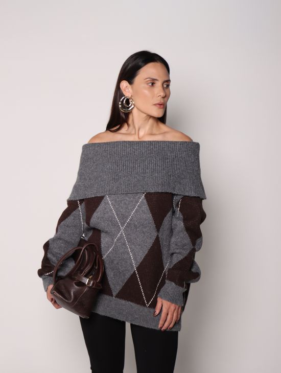 Blusa com Pala em Tricot  Xadrez - Cinza 