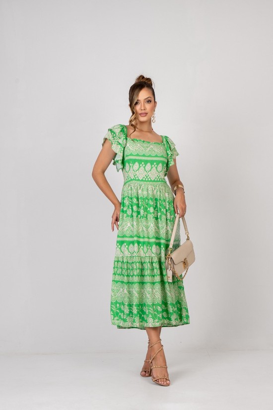 VESTIDO JORDANA - VISCOLINHO FORRADA  - ESTAMPA FUNDO VERDE 