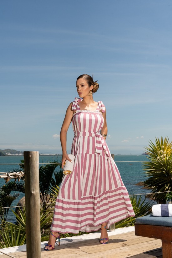 VESTIDO LEONOR - VISCOLINHO FORRADO - LISTRADO ROSE