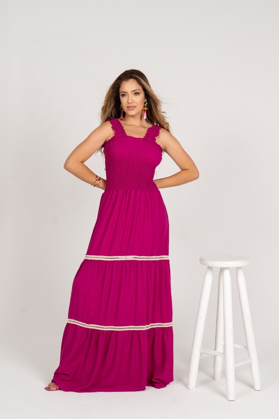 VESTIDO LONGO RENDA CARMEN - VISCOLINHO FORRADA  - FUSCIA 