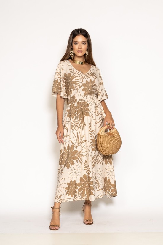 VESTIDO MARCIA - VISCOLINHO FORRADO - ESTAMPA FLORAL OCRE FUNDO BEGE