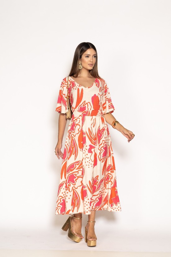 VESTIDO MARCIA - VISCOLINHO FORRADO - ESTAMPA LARANJA COM PINK 