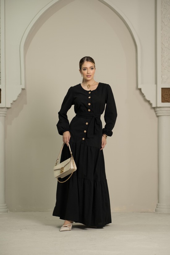 VESTIDO  LONGO AGAR - LINHO - PRETO