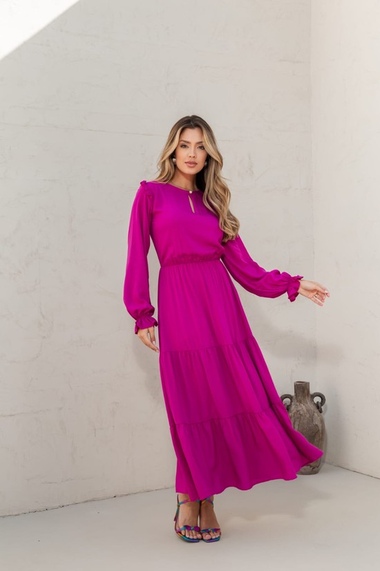 VESTIDO GOLA KARINA  - VISCOLINHO - FUCSIA