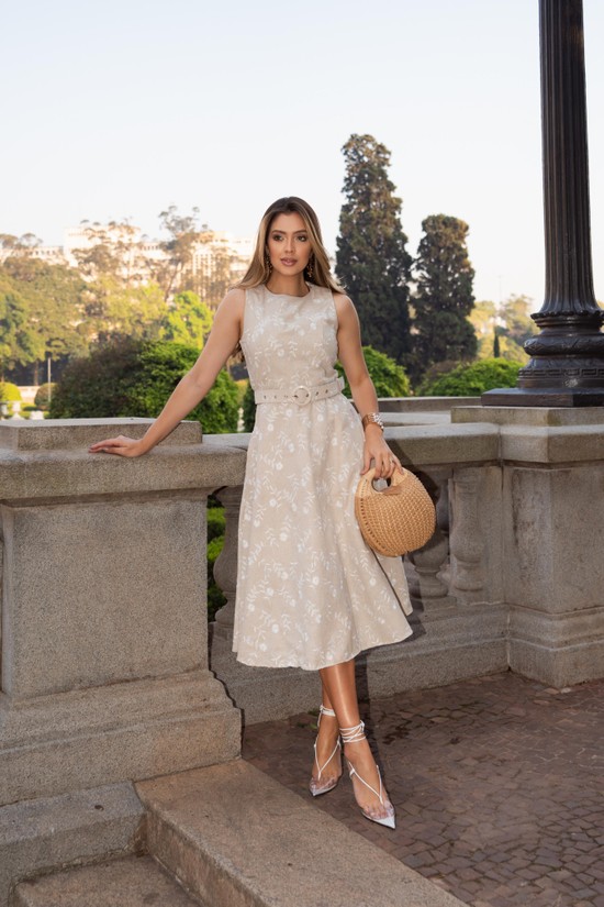 VESTIDO HORTÊNSIA - LINHO - FLORAL BRANCO