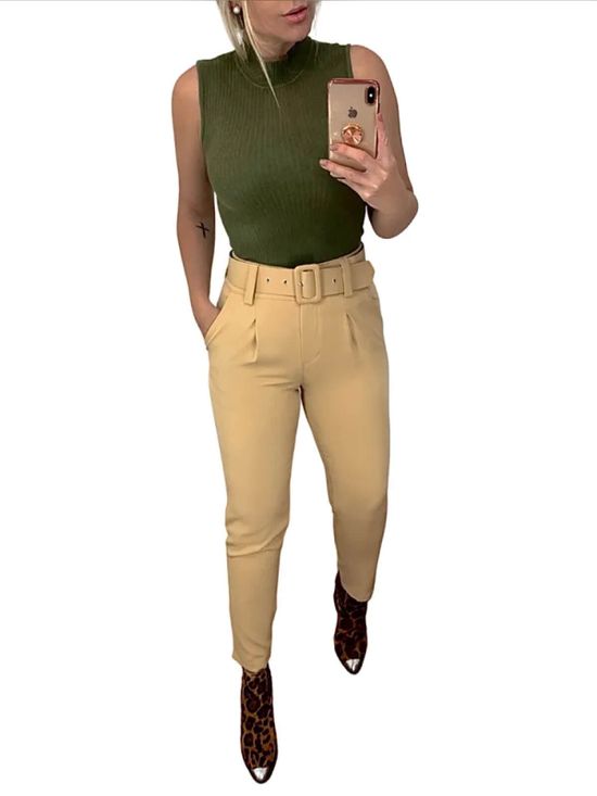 Calça Alfaiataria Basic Com Cinto Bege Quente