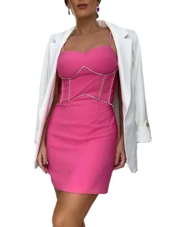 Vestido Alfaiataria Strass Pink Barbie