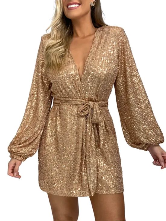 Vestido Kimono Paetê Dourado Claro