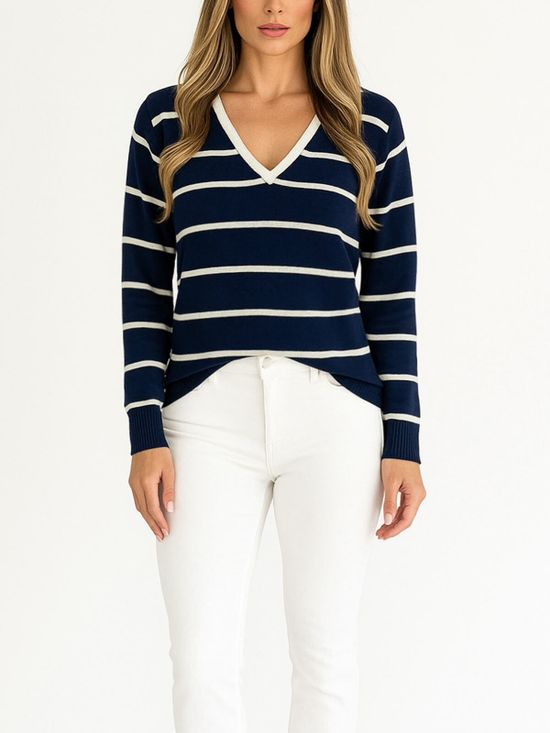 Blusa Tricô Listras Decote V Azul Marinho