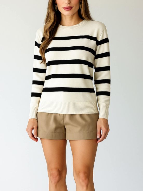 Blusa Tricô Listras Decote Canoa Off White