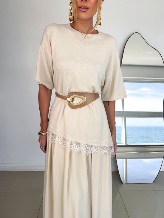 Blusa Tricô Assimétrica Renda Marfim