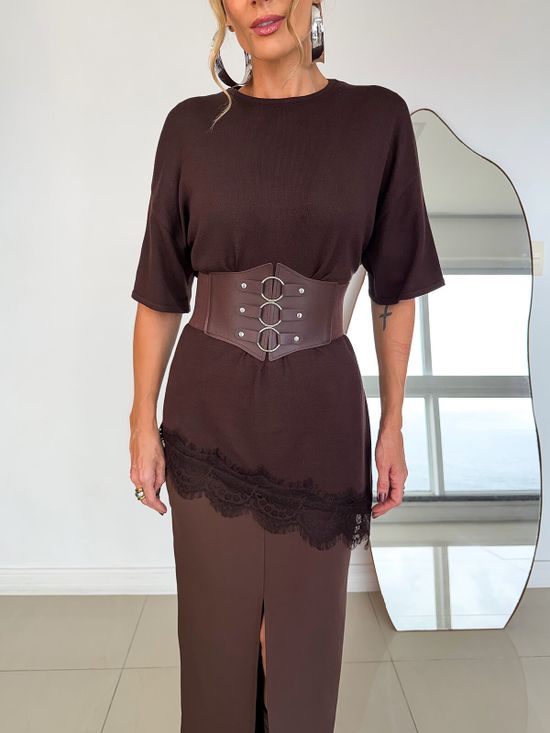 Blusa Tricô Assimétrica Renda Marrom
