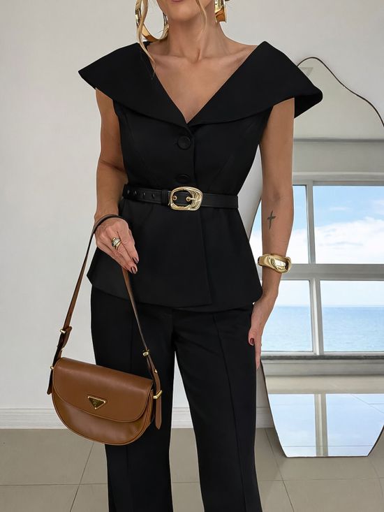 Blusa Maxi Gola Com Cinto Preto