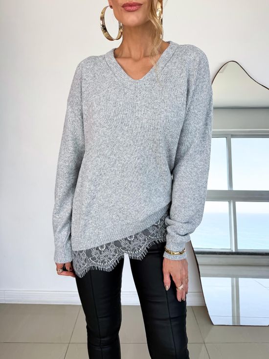 Blusa Tricô Bainha Em Renda Cinza