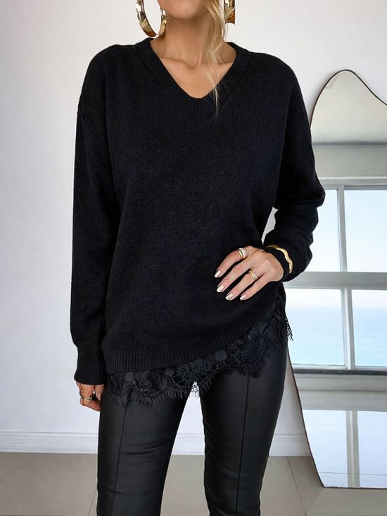Blusa Tricô Bainha Em Renda Preto