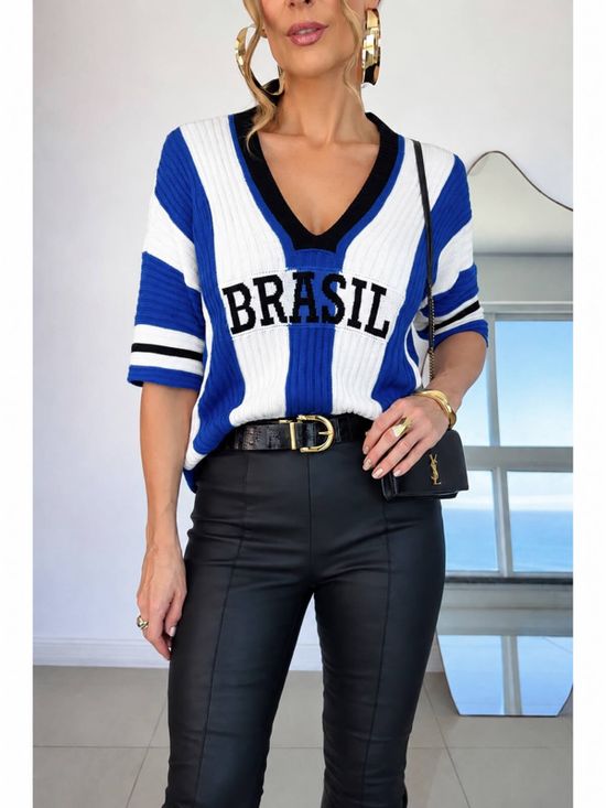 Blusa Tricô Soltinha Brasil Azul