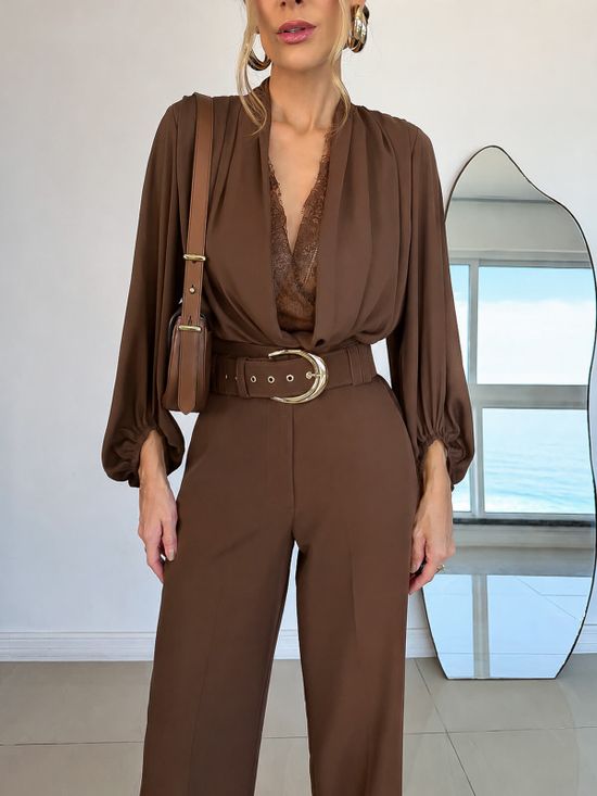 Blusa Com Renda Manga Longa Marrom