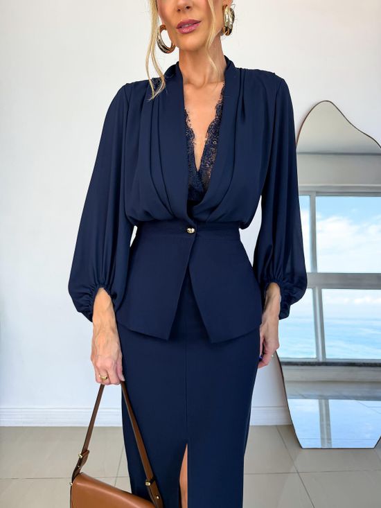 Blusa Com Renda Manga Longa Marinho