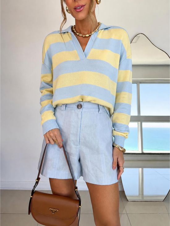 Blusa Polo Tricô Manga Longa Azul