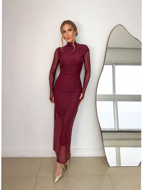 Vestido Tule Drapeado Marsala
