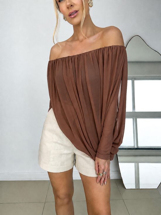 Blusa Tule Drapeada Marrom