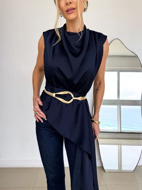 Blusa Amélie Cetim Com Amarração Marinho