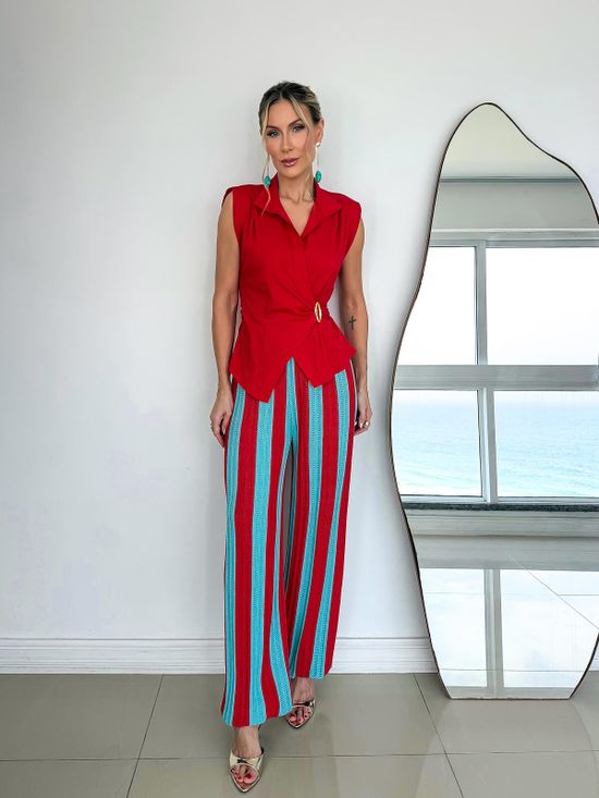 Calça Listrada Tricô Vermelho 