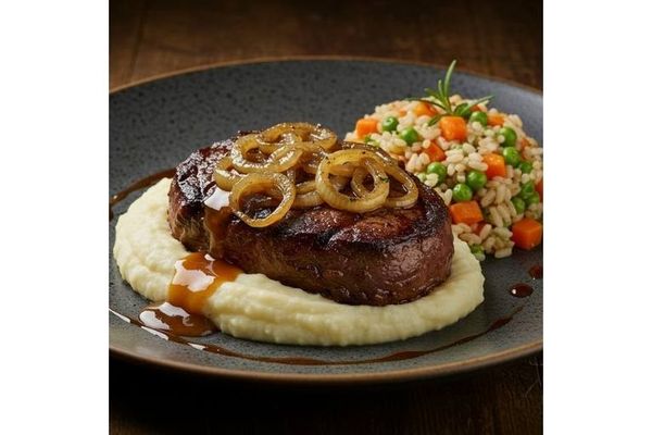 Foto do produto Bife Acebolado, Purê De Batata E Arroz À Primavera
