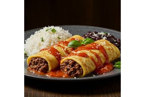 Foto do produto Panqueca de Carne com Molho de Tomate, Arroz Branco e Feijão (525g)