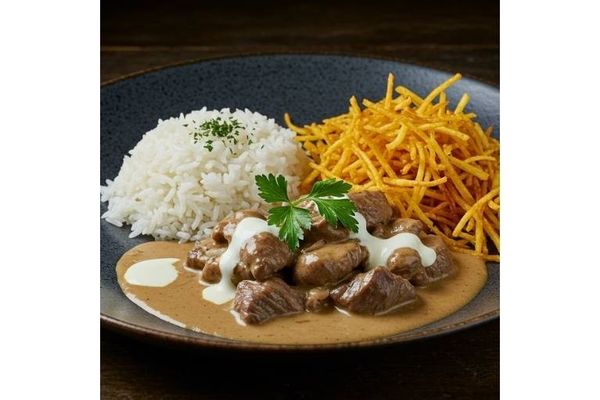 Foto do produto Strogonoff de Carne com Arroz Branco e Batata Palha (470g)