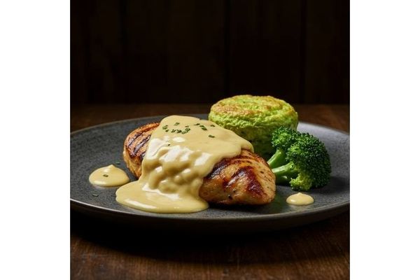 Foto do produto Filé de Frango ao Molho 4 Queijos, Suflê de Brócolis e Arroz com Cenoura (450g)