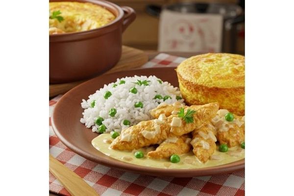 Foto do produto Iscas de Frango à Punta del Este, Suflê de Legumes e Arroz com Ervilhas (450g)