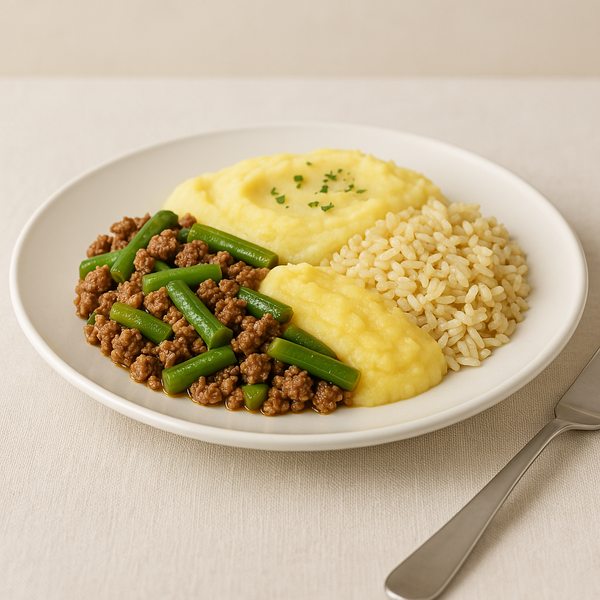 Foto do produto Guisadinho com Vagem, Purê de Aipim e Arroz Integral (300g)