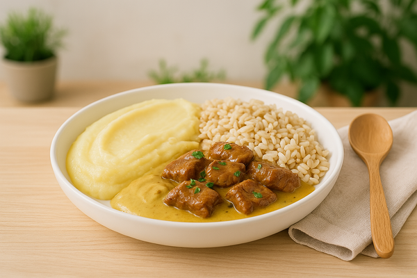 Foto do produto  Iscas de Carne ao Molho Mostarda, Purê de Aipim e Arroz Integral (300g)
