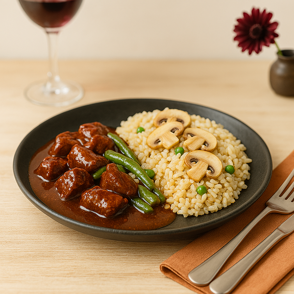 Foto do produto  Iscas de Carne ao Molho Escuro com Risoto Integral de Abobrinha e Berinjela (300g)