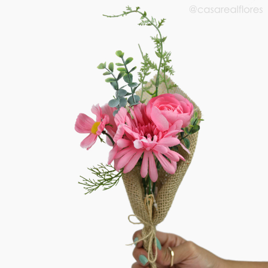Foto do produto Buquê Misto c/ Gérbera e Rosa Artificial na Juta - Rosa (12909)