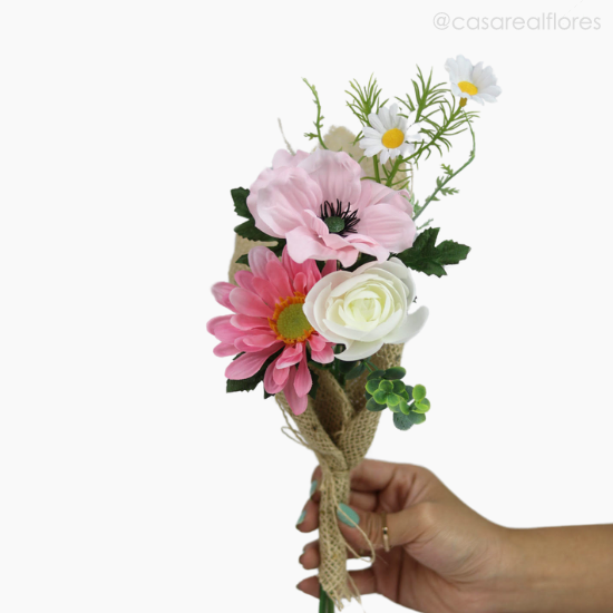 Foto do produto Buquê Misto c/ Gérbera e Rosa Artificial na Juta - Rosa Claro (12910)