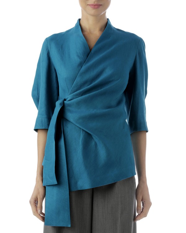Foto do produto blusa transpasse drapeado azul esmeralda
