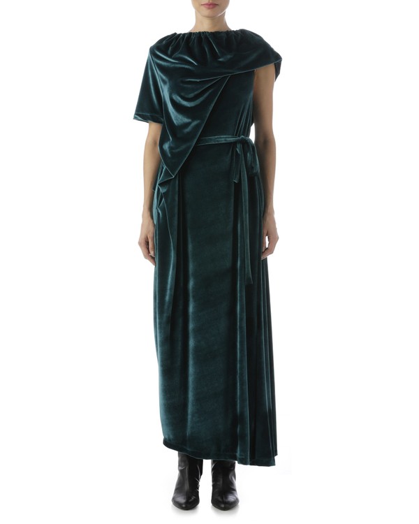 Foto do produto vestido drapeado com túnel no decote verde escuro